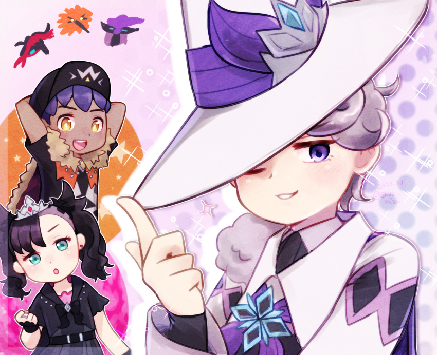 1girl, 2boys, :d, arm_behind_head, bangs, bede_(champion)_(pokemon), bede_(pokemon), black_headwear