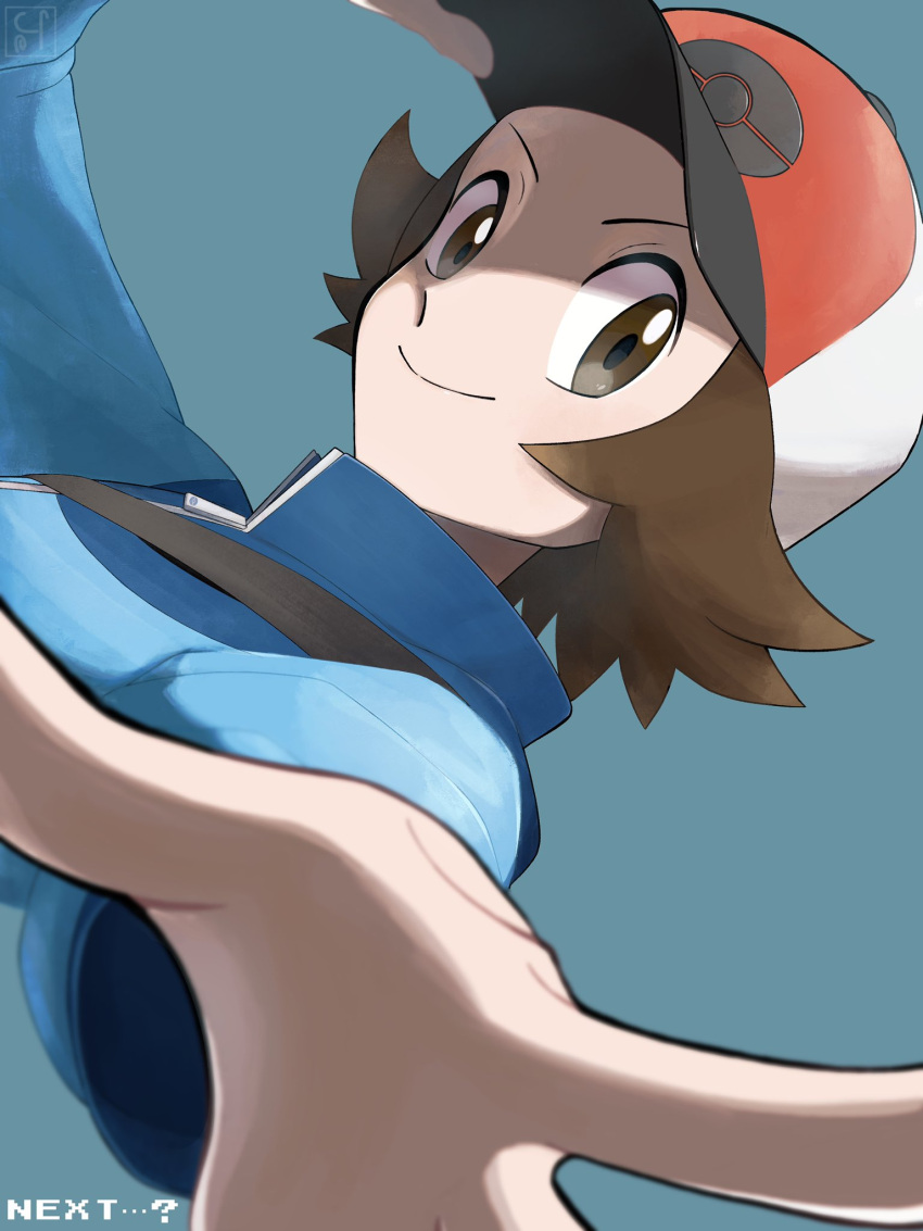 1boy, blue_jacket, brown_eyes, brown_hair, closed_mouth, commentary_request, hat, highres