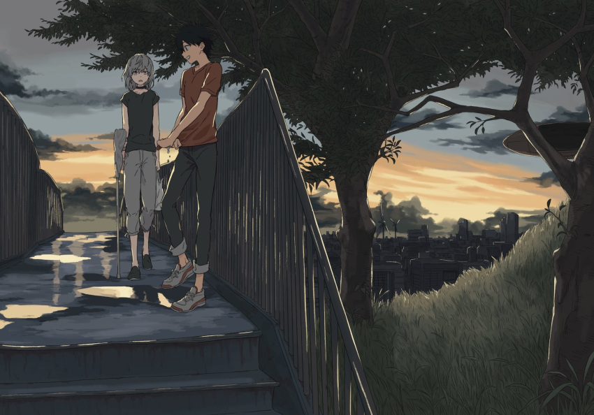 2boys, accelerator_(toaru_majutsu_no_index), against_fence, albino, ambiguous_gender, androgynous, bag, bangs, black_choker, black_eyes, black_footwear, black_hair, black_pants, black_shirt, bridge, cane, choker, cityscape, clouds, cloudy_sky, expressionless, fence, grass, grin, highres, holding, holding_bag, holding_cane, holding_crutch, jisoku_(168km1), kamijou_touma, looking_at_another, multiple_boys, nature, open_mouth, pale_skin, pants, pants_rolled_up, plastic_bag, puddle, red_eyes, red_shirt, sanpaku, shirt, shoes, short_hair, short_sleeves, sky, smile, sneakers, spiky_hair, stairs, sunset, toaru_majutsu_no_index, tree, wet, white_footwear, white_hair, white_pants, wide_shot, wringing_clothes