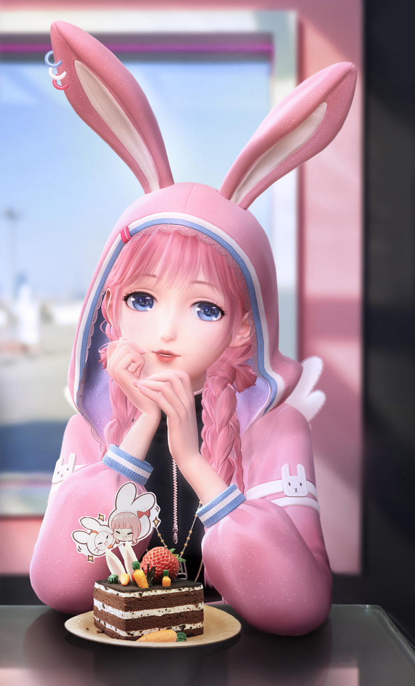 1girl, 3d, animal_ears, bangs, blue_eyes, blurry, blurry_background, braid