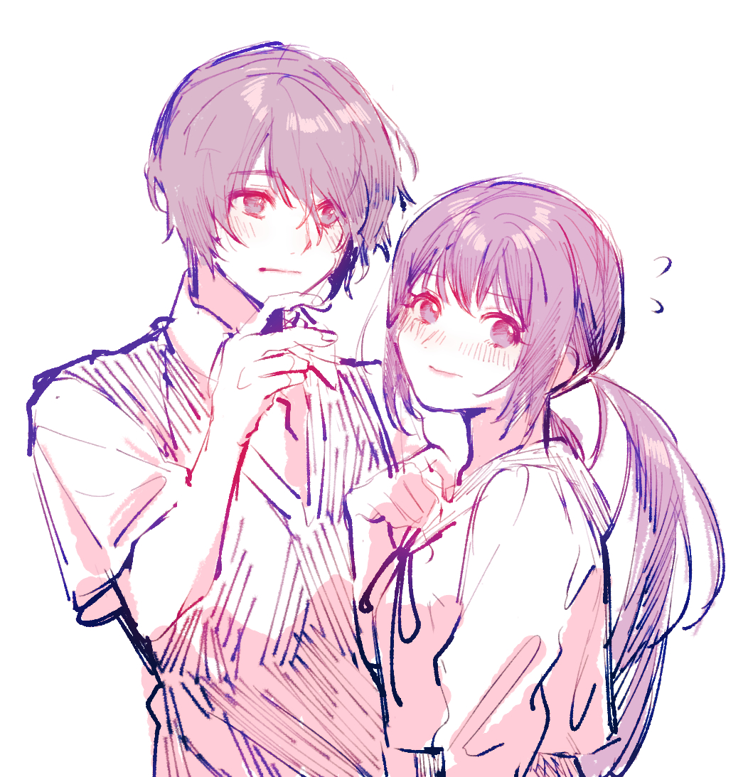 1boy, 1girl, anesaki_nozomi, black_eyes, blush, closed_mouth, facing_another, hetero