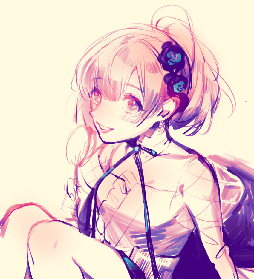 1girl, blue_flower, blush, cendrillon_palika, flower, hair_flower, hair_ornament, hairi_lalique