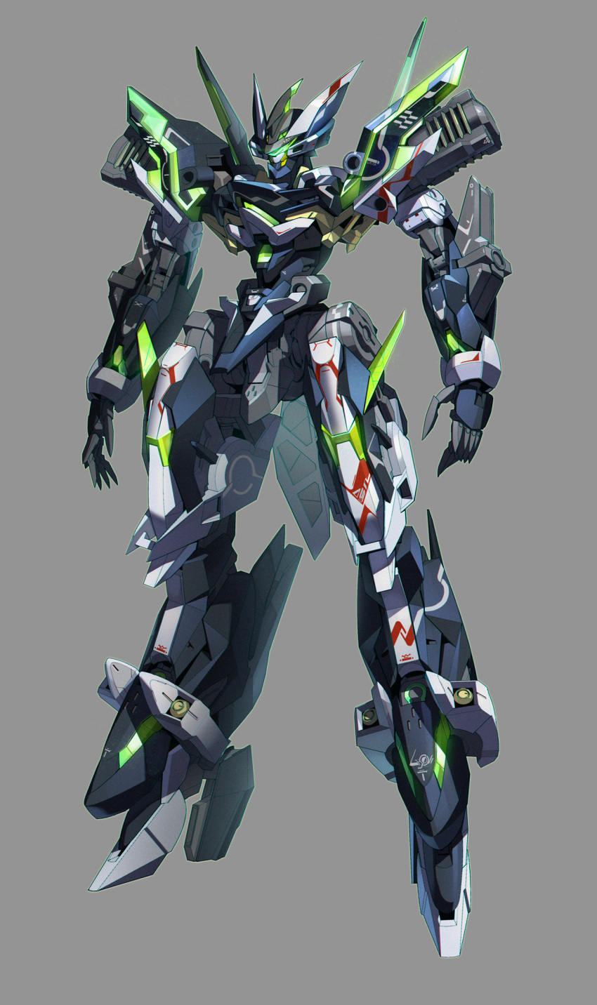 assault_visor, chinese_commentary, crosscore, full_body, glowing, grey_background, highres, lingch, mecha, nebula_(crosscore), no_humans, official_art, open_hands, robot, science_fiction, solo
