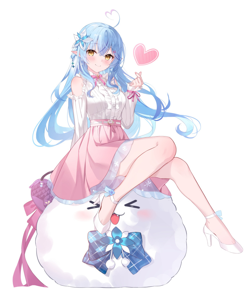 >_<, 1girl, :3, absurdres, ahoge, alternate_costume, bangs, bare_shoulders, blue_bow, blue_flower, blue_hair, blush, bow, center_frills, closed_mouth, clothing_cutout, daifuku_(yukihana_lamy), earrings, elf, fang, finger_heart, floating_hair, flower, frills, full_body, hair_between_eyes, hair_flower, hair_ornament, hairclip, hand_up, head_tilt, heart, heart_ahoge, heiyan_shenshi, high-waist_skirt, high_heels, highres, hololive, jewelry, long_hair, long_sleeves, looking_at_viewer, medium_skirt, neck_ribbon, pink_ribbon, pink_skirt, pointy_ears, pom_pom_(clothes), ribbon, shirt, shirt_tucked_in, shoulder_cutout, sidelocks, simple_background, sitting_on_animal, skirt, smile, snowflake_earrings, snowflake_print, strappy_heels, striped, striped_shirt, virtual_youtuber, white_background, white_flower, white_footwear, white_shirt, yellow_eyes, yukihana_lamy