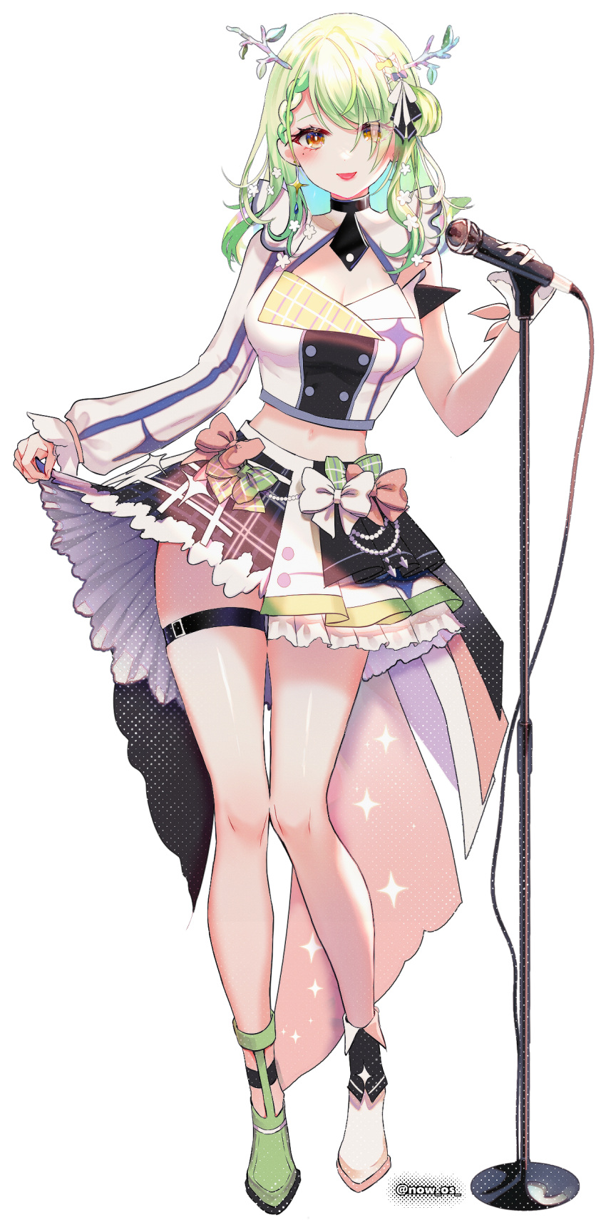 1girl, absurdres, antlers, artist_name, asymmetrical_footwear, blush, braid, breasts