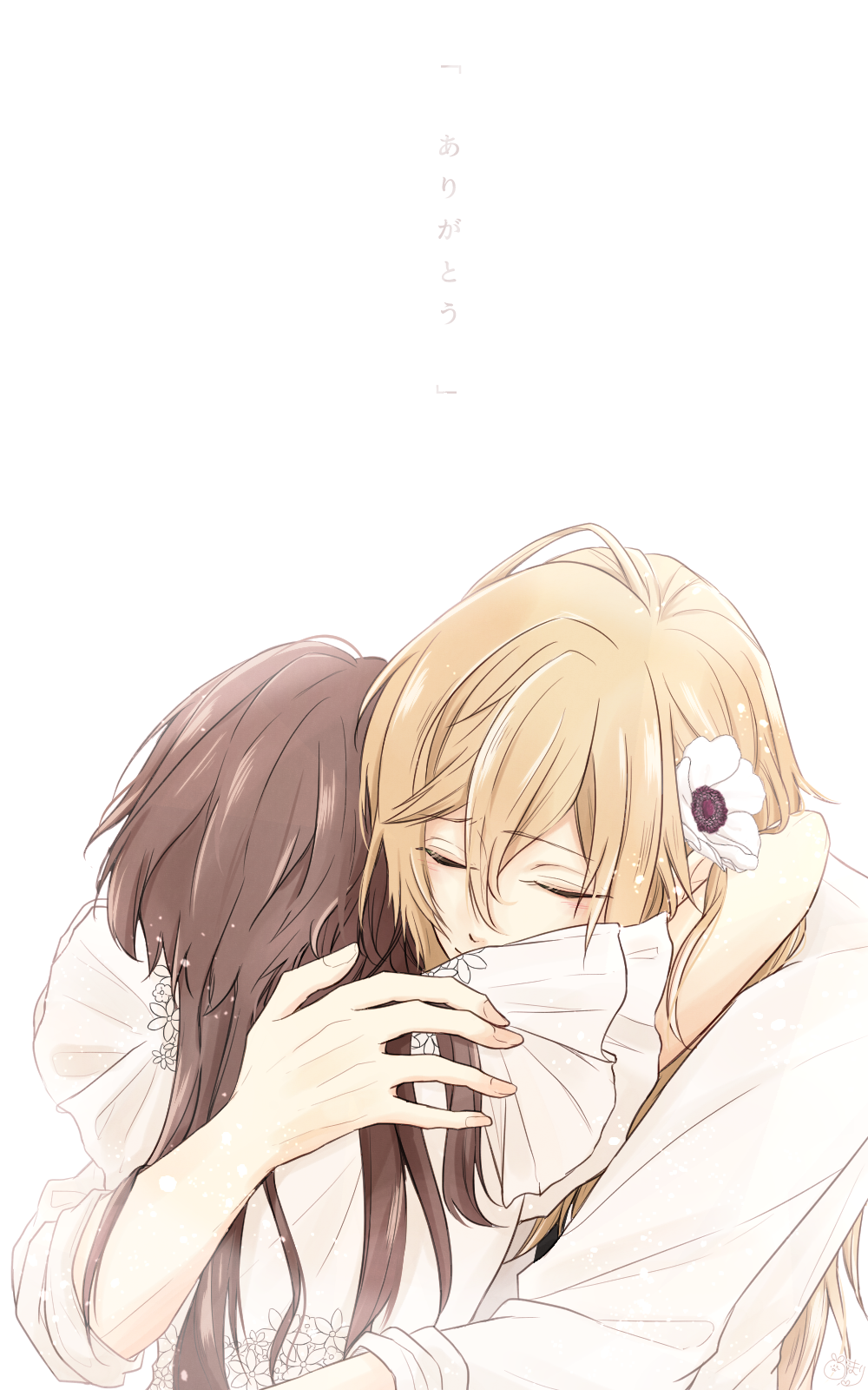 1boy, 1girl, anemone_(flower), blonde_hair, brown_hair, closed_eyes, collar_x_malice, flower, hair_flower, hair_ornament, hetero, highres, himari_(h0nvn0_a), hoshino_ichika_(collar_x_malice), hug, long_hair, long_sleeves, shiraishi_kageyuki, shirt, short_sleeves, white_background, white_flower, white_shirt