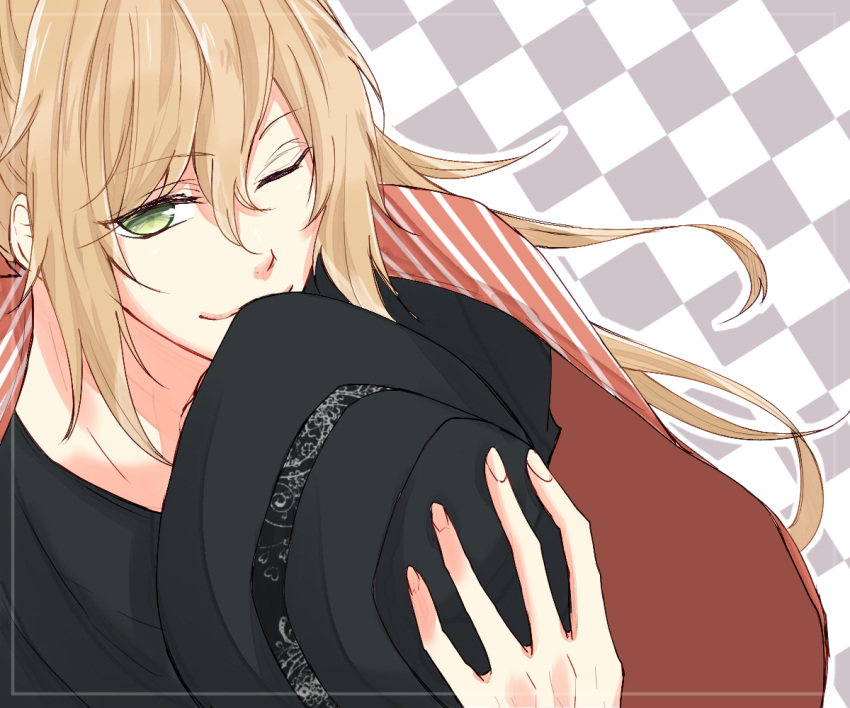 1boy, blonde_hair, checkered_background, closed_mouth, collar_x_malice, fedora, green_eyes, hat