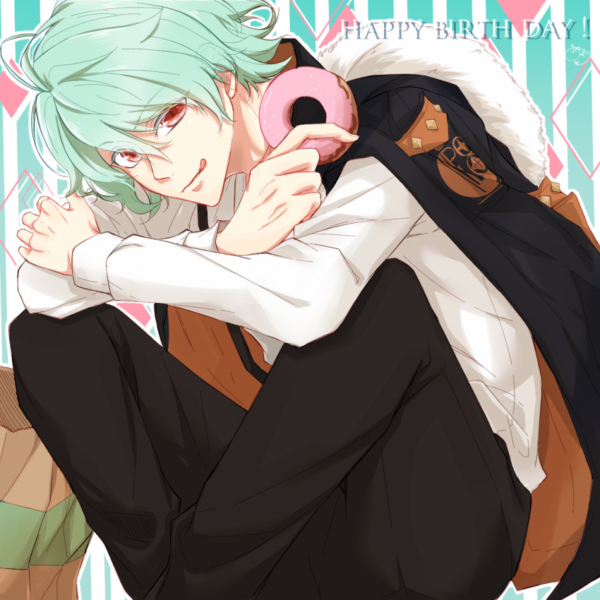 1boy, aqua_hair, closed_mouth, collar_x_malice, doughnut, food, happy_birthday, highres