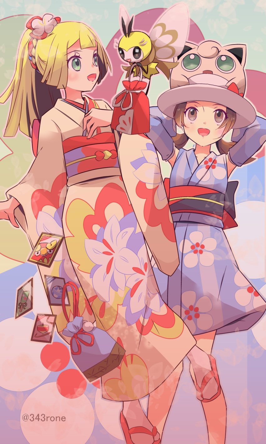 2girls, 343rone, arm_behind_head, bangs, blonde_hair, blunt_bangs, brown_eyes, brown_hair
