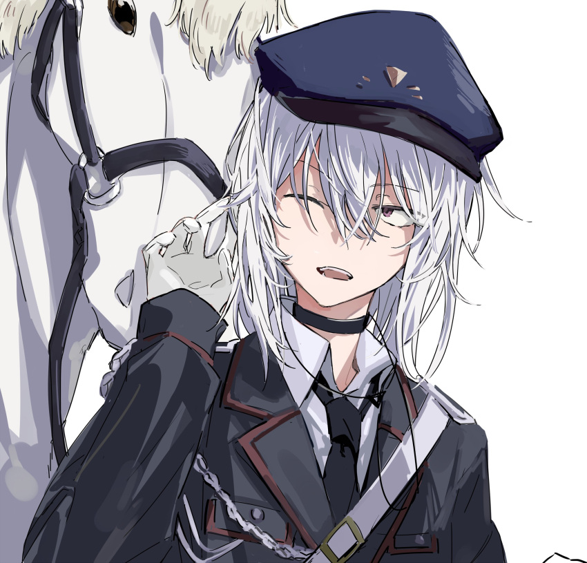 1boy, 1other, accelerator_(toaru_majutsu_no_index), albino, ambiguous_gender, androgynous, anninn_do_fu, bangs, black_choker, black_jacket, black_necktie, choker, collared_shirt, electrodes, expressionless, gacha, gloves, hair_between_eyes, hat, highres, horse, jacket, looking_at_another, medium_hair, messy_hair, military, military_hat, military_jacket, military_uniform, necktie, one_eye_closed, open_mouth, pale_skin, portrait, red_eyes, sanpaku, shirt, toaru_majutsu_no_index, uniform, white_background, white_gloves, white_hair, white_shirt