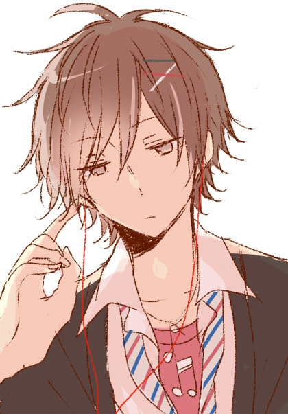 1boy, black_jacket, blue_necktie, brown_eyes, brown_hair, closed_mouth, collar_x_malice, collared_shirt, earphones, hair_ornament, hairpin, hoshino_kazuki_(collar_x_malice), jacket, male_focus, necktie, red_necktie, red_shirt, shirt, short_hair, sketch, solo, sswaves, striped_necktie, white_background, white_necktie, white_shirt