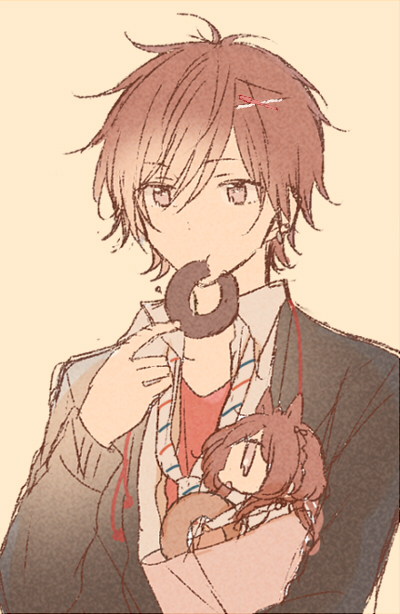 1boy, 1girl, black_jacket, brother_and_sister, brown_background, brown_eyes, brown_hair, collar_x_malice