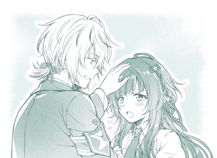 1boy, 1girl, armband, collar_x_malice, greyscale, hand_on_another's_head, hiyori_(rindou66), hoshino_ichika_(collar_x_malice)