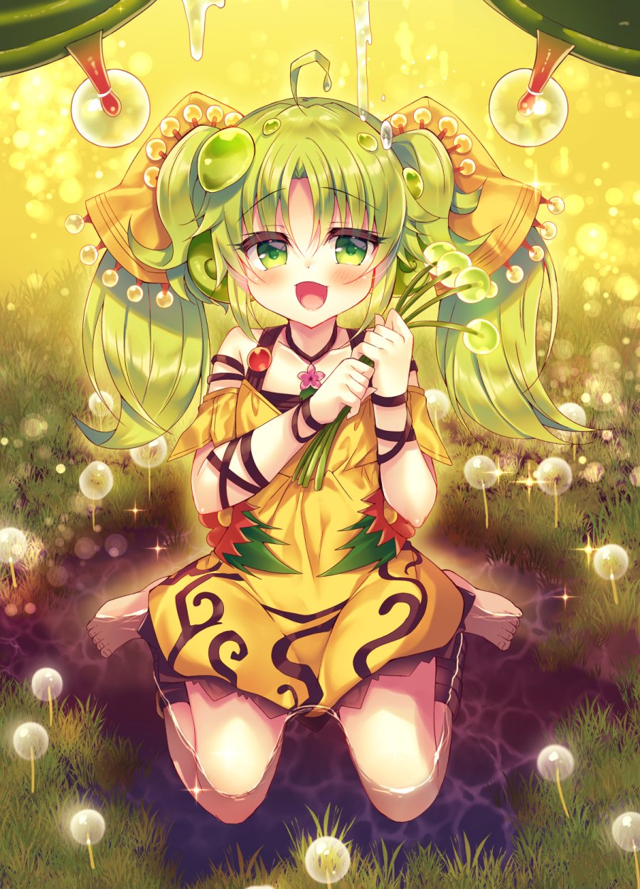 1girl, barefoot, dress, duel_monster, flower, green_eyes, green_hair, hair_ribbon