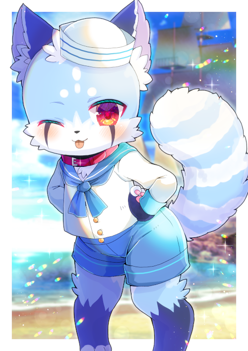 ;p, animal_ear_fluff, animal_ears, blue_sailor_collar, blue_shorts, blurry, blurry_background, blush, commentary_request, commission, copyright_request, day, depth_of_field, furry, hands_on_hips, hat, horizon, kou_hiyoyo, looking_at_viewer, ocean, one_eye_closed, red_eyes, sail, sailing_ship, sailor_collar, sailor_hat, ship, ship_of_the_line, shirt, shorts, skeb_commission, sleeveless, sleeveless_shirt, standing, striped_tail, tail, tilted_headwear, tongue, tongue_out, water, watercraft, white_headwear, white_shirt