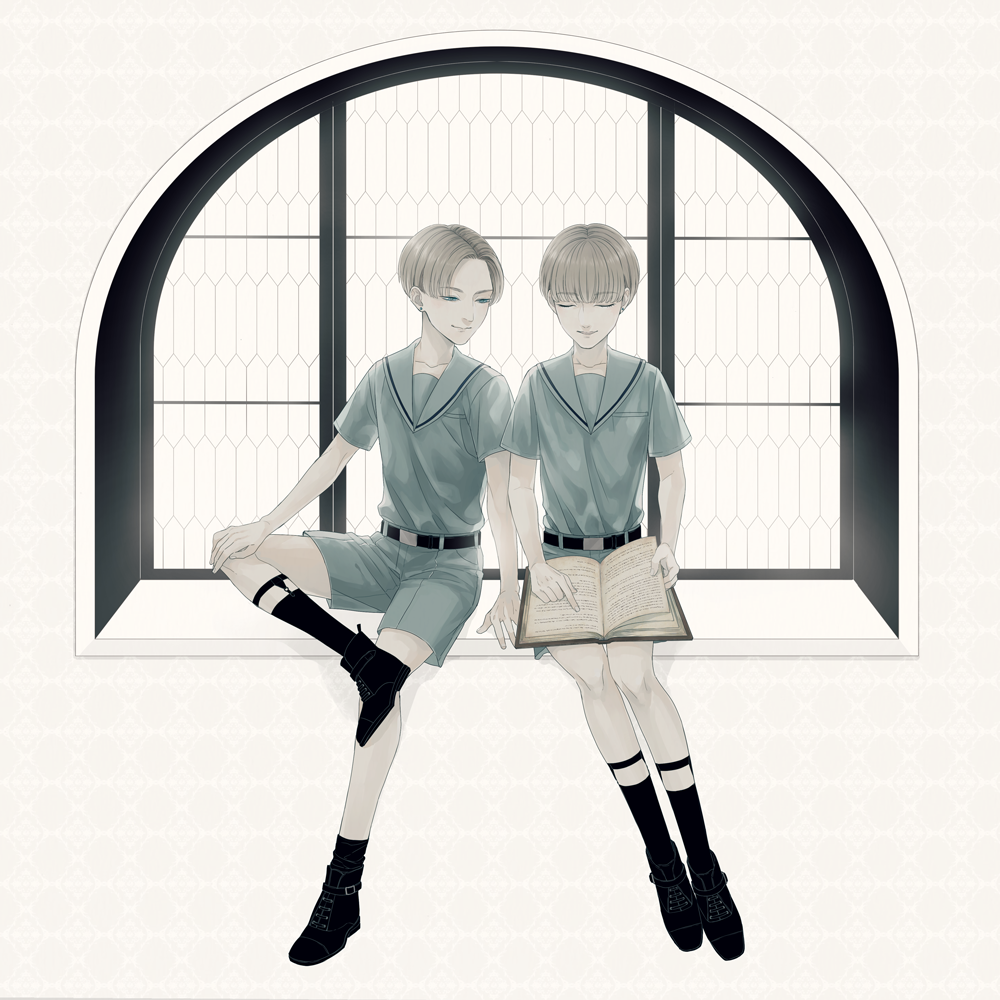 2boys, belt, bishounen, black_footwear, black_socks, blue_eyes, book, brothers