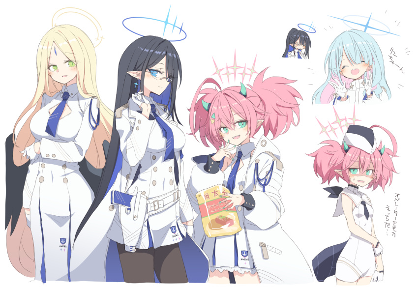 4girls, aqua_eyes, aqua_nails, ayumu_(blue_archive), bag_of_chips, bangs, black_hair, black_necktie