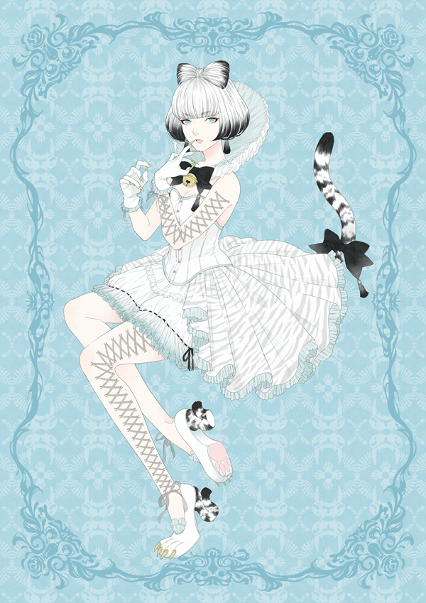 1girl, bell, black_bow, black_bowtie, black_hair, blue_eyes, bow, bowtie, commentary_request, dress, frilled_dress, frills, gloves, hair_bow, looking_at_viewer, moriya_yuka, multicolored_hair, neck_bell, original, pantyhose, paw_shoes, short_hair, solo, tagme, tail, tail_bow, tail_ornament, tiger_tail, two-tone_hair, very_long_fingernails, white_dress, white_footwear, white_gloves, white_hair, white_pantyhose
