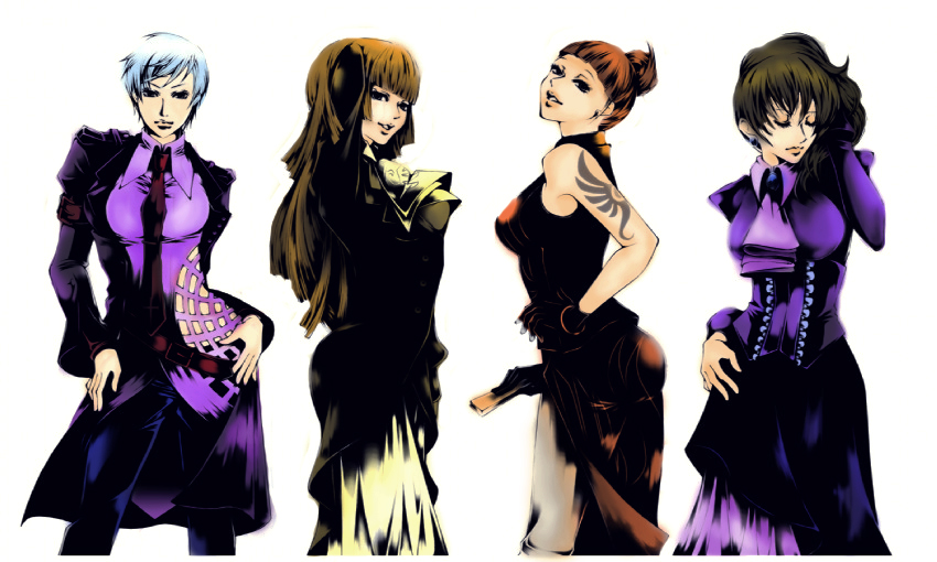 4girls, brown_hair, collaboration, colored, diegowl, dress, formal, long_hair