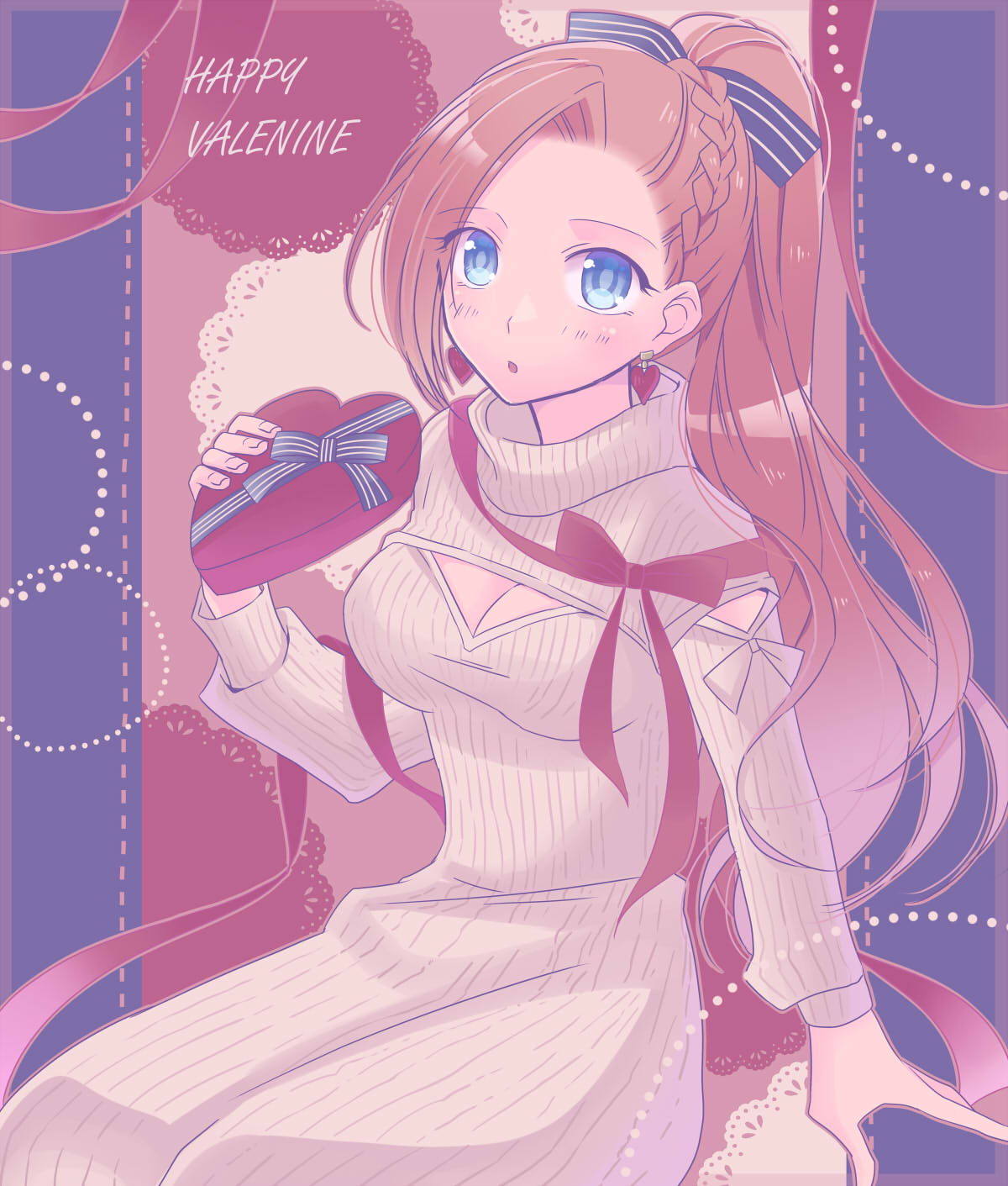 1girl, :o, alternate_hairstyle, asymmetrical_bangs, bangs, black_ribbon, blue_eyes, box