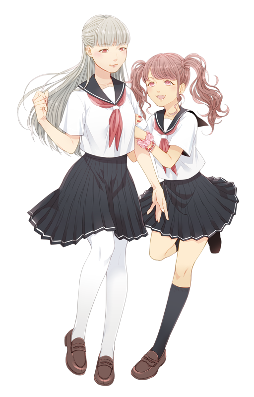 2girls, arm_hug, bangs, black_sailor_collar, black_skirt, black_socks, blunt_bangs, bracelet, brown_footwear, brown_hair, commentary_request, full_body, grey_hair, jewelry, kneehighs, leg_up, loafers, long_hair, looking_at_another, moriya_yuka, multiple_girls, neckerchief, open_mouth, original, pantyhose, pink_eyes, pleated_skirt, red_neckerchief, sailor_collar, school_uniform, scrunchie, serafuku, shirt, shoes, short_sleeves, simple_background, skirt, smile, socks, standing, standing_on_one_leg, twintails, white_background, white_pantyhose, white_shirt, wrist_scrunchie
