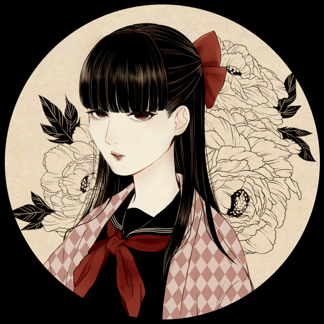 1girl, bangs, black_eyes, black_hair, black_serafuku, black_shirt, blunt_bangs, bow