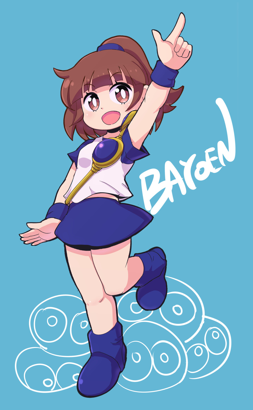 1girl, :d, absurdres, arle_nadja, arm_up, bangs, blue_background, blue_footwear