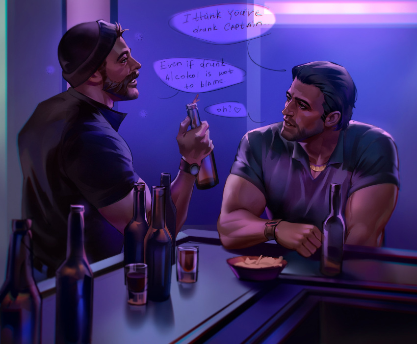 2boys, absurdres, alcohol, bar_(place), beard, black_hair, black_shirt, bottle