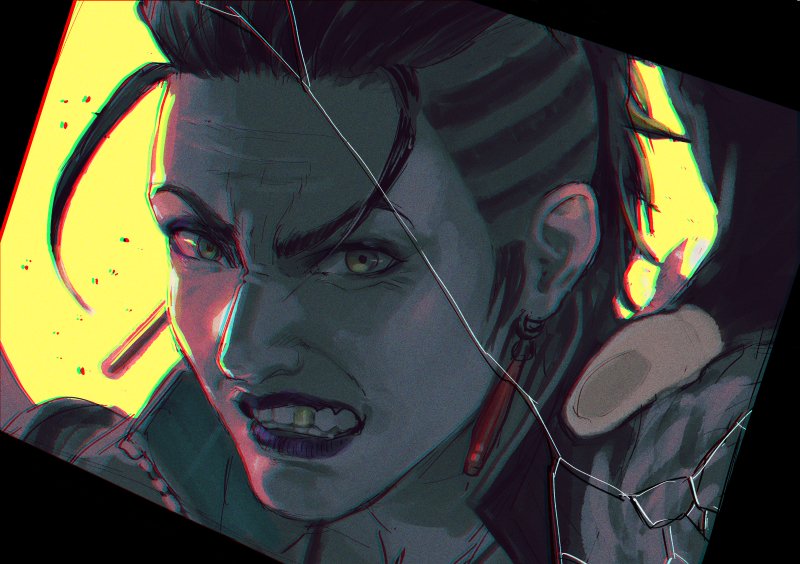 1girl, apex_legends, black_border, black_gloves, black_hair, border, brown_eyes, clenched_teeth