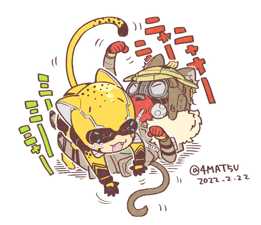 >_<, 1boy, 1other, abara_(4mat5u), ambiguous_gender, animal_ear_headwear, animification, apex_legends, black_gloves, bloodhound_(apex_legends), bodysuit, brown_jacket, chibi, fangs, gloves, helmet, highres, jacket, octane_(apex_legends), official_alternate_costume, open_mouth, paw_pose, shadow, smile, twitter_username, wild_speed_octane, yellow_bodysuit