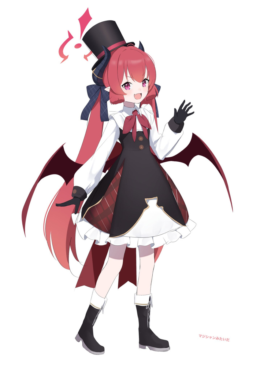 1girl, :d, alternate_costume, beko_(beco_1122), black_footwear, black_gloves, black_headwear, black_horns