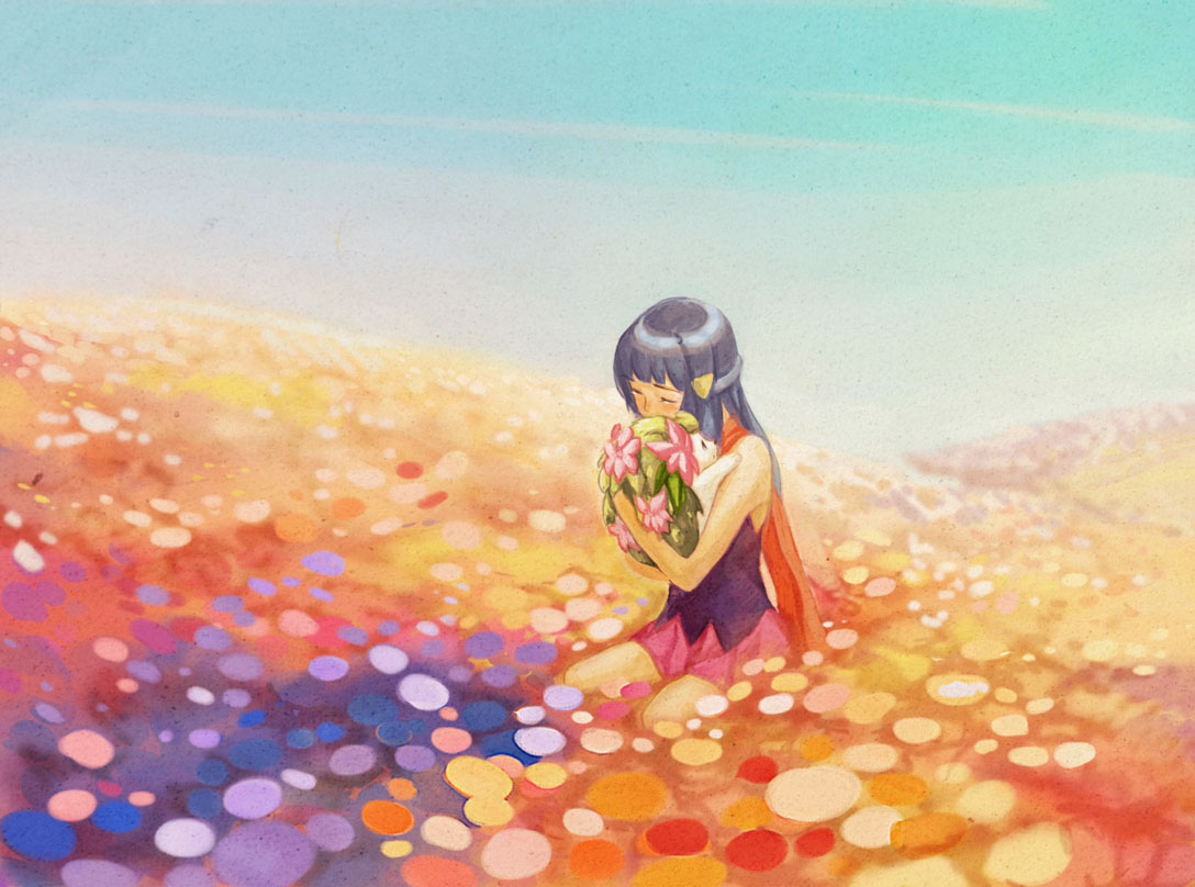 blue_hair, closed_eyes, flower, hikari_(pokemon), hug, nishio, pokemon, scarf