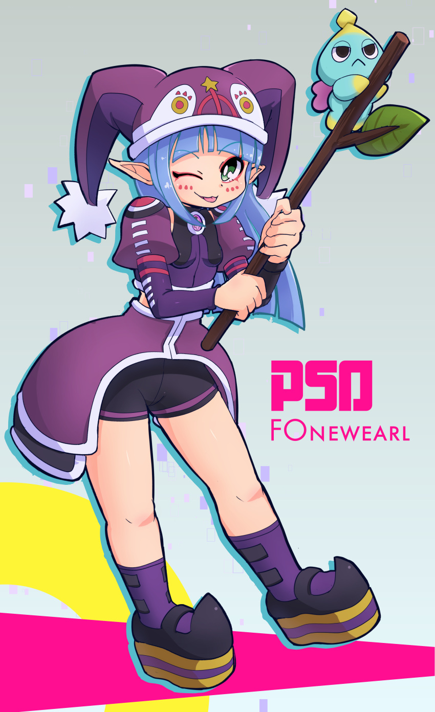 1girl, absurdres, bangs, bike_shorts, black_footwear, black_shorts, blue_hair, blunt_bangs