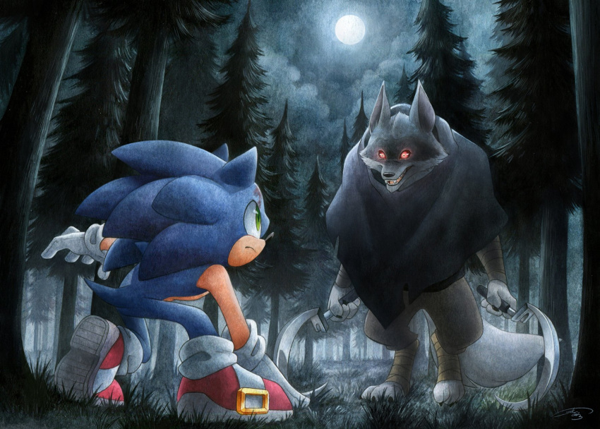 2boys, black_sclera, closed_mouth, colored_sclera, commission, crossover, death_(puss_in_boots), dual_wielding, eye_contact, finik, full_body, full_moon, furry, furry_male, gloves, green_eyes, highres, holding, holding_weapon, looking_at_another, male_focus, moon, multiple_boys, night, night_sky, outdoors, puss_in_boots, puss_in_boots:_the_last_wish, red_eyes, shoes, sky, smile, sonic_(series), sonic_the_hedgehog, standing, tree, weapon, white_gloves