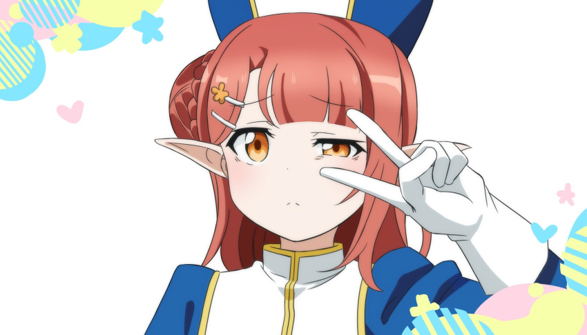 1girl, bangs, cosplay, gloves, hair_bun, hat, heart, highres