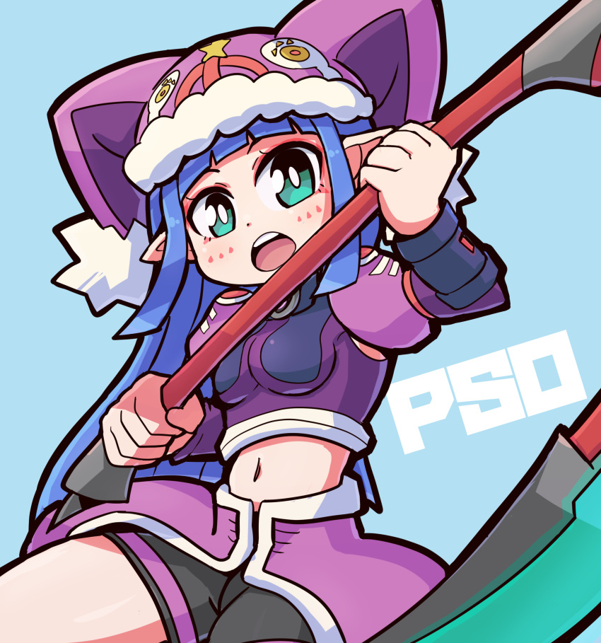 1girl, aqua_eyes, bangs, bike_shorts, black_shorts, blue_hair, blunt_bangs, breasts