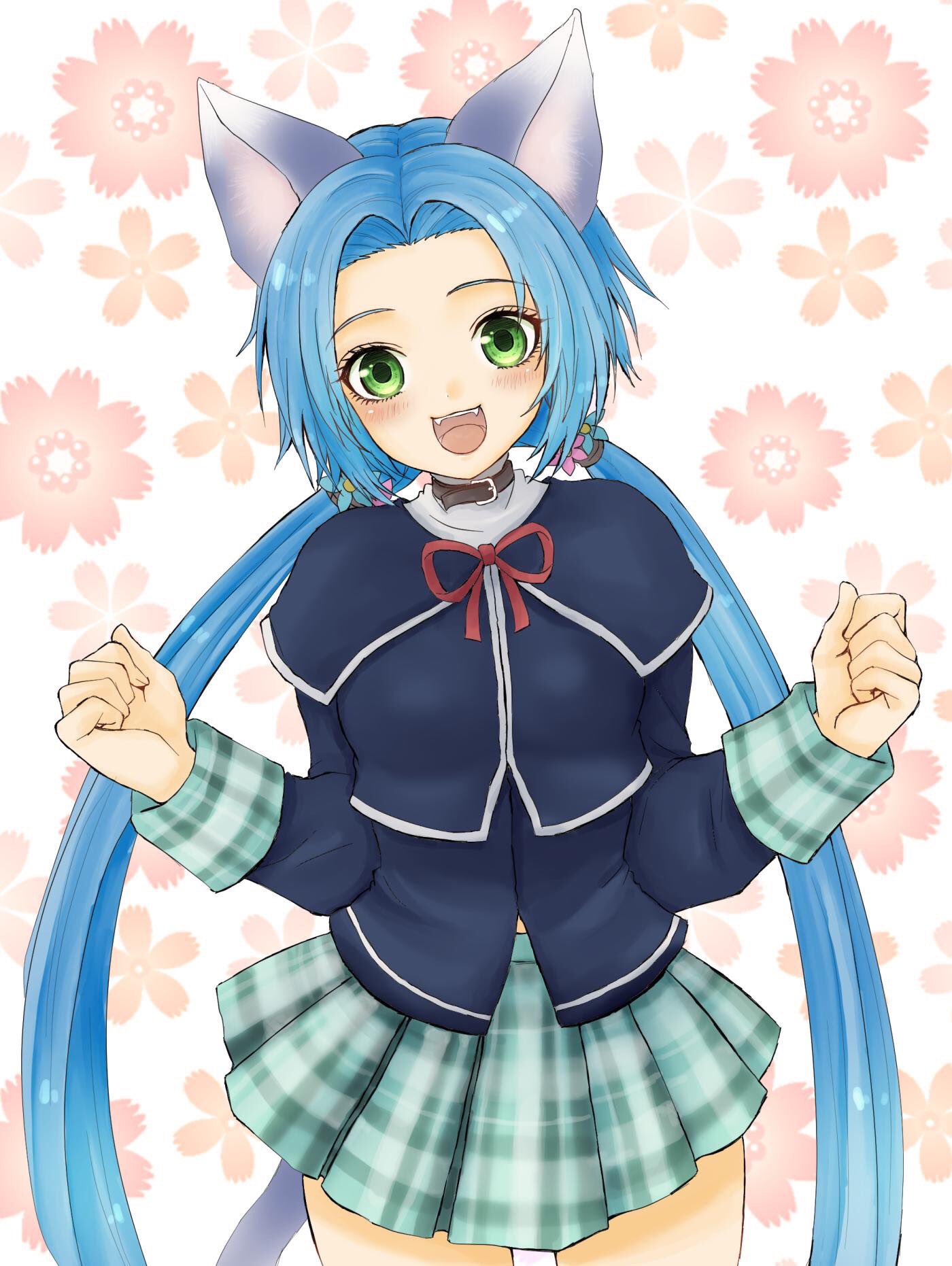 1girl, :d, animal_ears, blue_hair, cat_ears, floral_background, flower, green_eyes