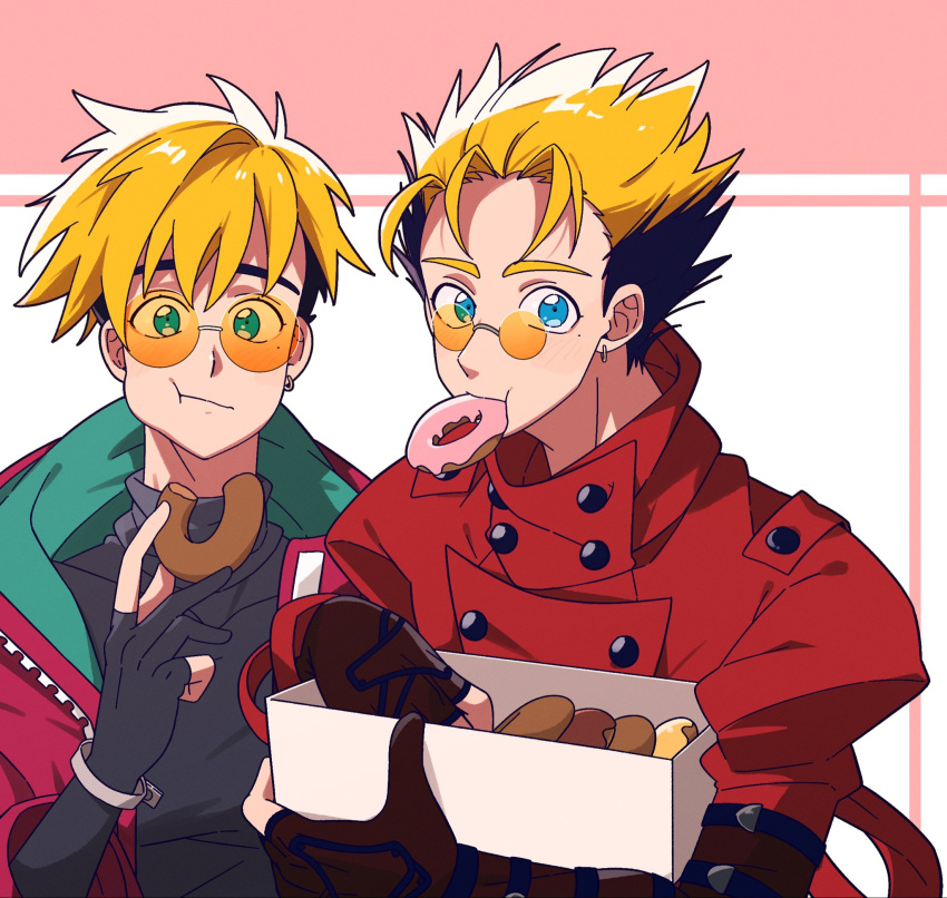 2boys, blue_eyes, chocolate_doughnut, coat, crossover, doughnut, dual_persona, earrings