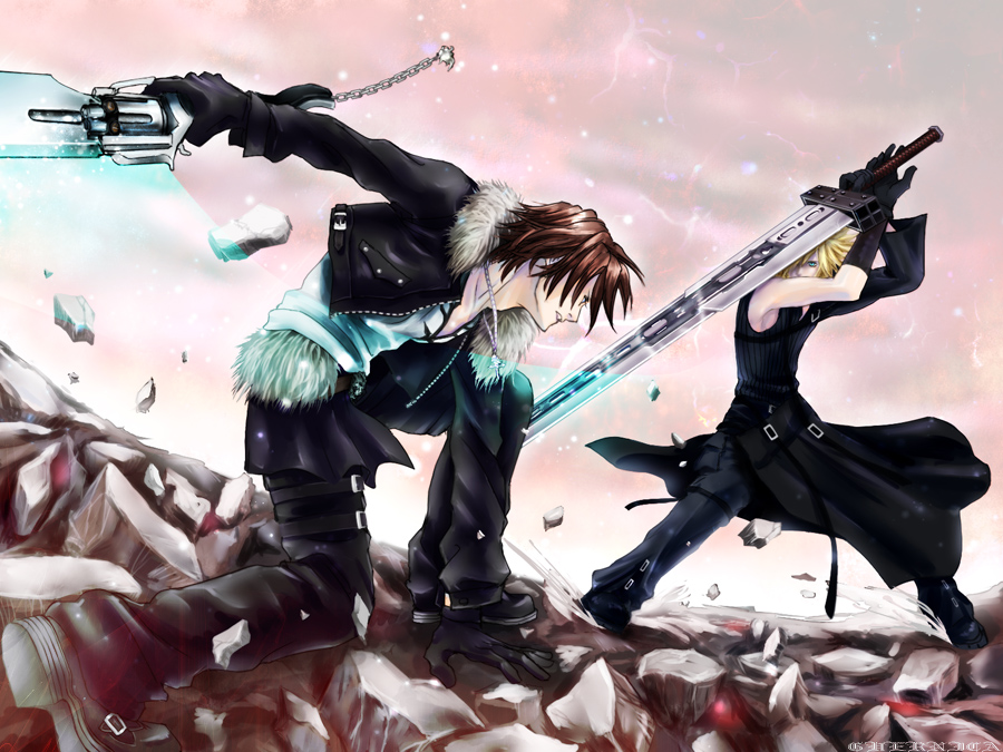 battle, blonde_hair, blue_eyes, brown_hair, cloud_strife, final_fantasy, final_fantasy_vii, final_fantasy_viii