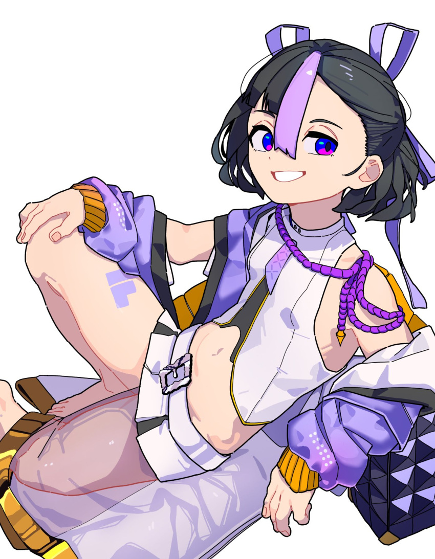 1girl, bangs, black_hair, breasts, goddess_of_victory:_nikke, goyu_moon, grin, hair_ribbon, hand_on_own_knee, highres, jacket, looking_at_viewer, miniskirt, multicolored_hair, navel, necktie, open_clothes, open_jacket, purple_hair, purple_jacket, purple_necktie, purple_ribbon, ribbon, short_hair, simple_background, sitting, skirt, small_breasts, smile, solo, streaked_hair, syuen_(nikke), tattoo, violet_eyes, white_background