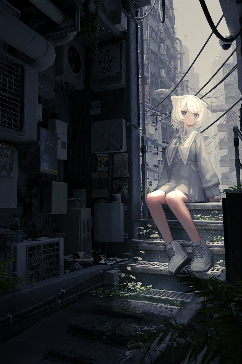 +_+, 1girl, air_conditioner, animal_ears, bangs, bottle, building, cable
