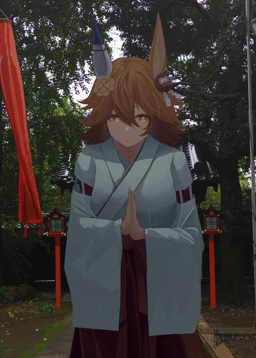 +_+, 1girl, absurdres, animal_ears, closed_mouth, clover_hair_ornament, daruma_doll, ear_covers