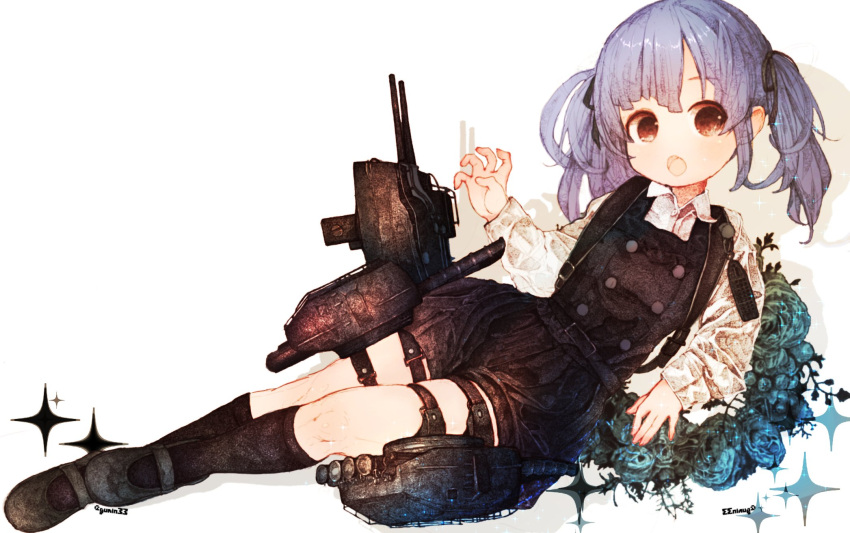 1girl, bangs, black_footwear, blue_hair, brown_eyes, dress, flower, full_body
