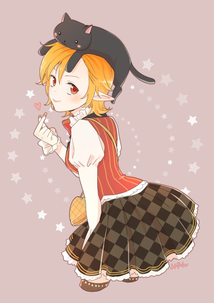 1girl, animal_on_head, bag, bangs, black_cat, blonde_hair, blush, bow, bowtie, brown_skirt, cat, cat_on_head, checkered_clothes, checkered_skirt, closed_mouth, commentary_request, cowboy_shot, finger_heart, frilled_skirt, frilled_sleeves, frills, from_behind, geartlinger, heart-shaped_bag, juliet_sleeves, long_sleeves, looking_at_viewer, looking_back, miyan_(shamigame), on_head, pink_nails, pointy_ears, puffy_sleeves, ragnarok_masters, ragnarok_online, red_bow, red_bowtie, red_eyes, red_vest, shirt, short_hair, signature, skirt, smile, solo, star_(symbol), vest, white_shirt