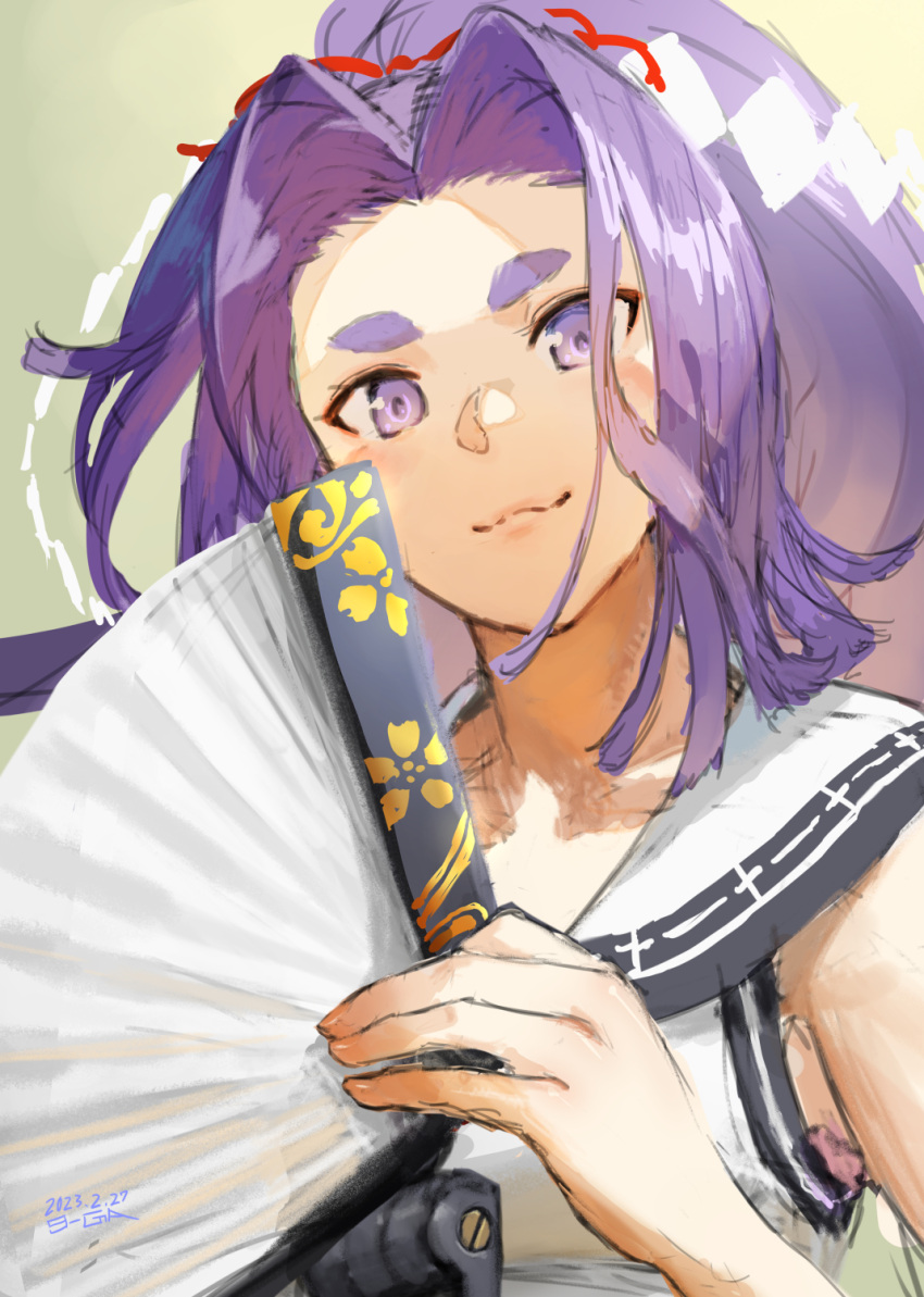 1girl, 9-ga, commentary_request, dated, dress, floral_print, folding_fan, green_background