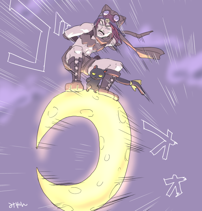 1boy, :3, abs, arms_behind_back, black_cat, boots, brown_footwear, brown_headwear, brown_scarf, brown_shorts, brown_tube_top, cat, character_request, closed_mouth, commentary_request, copyright_request, crescent_moon, crossdressing, facial_hair, flying, frown, full_body, goggles, goggles_on_headwear, looking_afar, male_focus, midriff, miyan_(shamigame), moon, motion_lines, mustache, navel, purple_background, ragnarok_masters, ragnarok_online, ranger_(ragnarok_online), redhead, scarf, short_hair, shorts, signature, solo, squatting