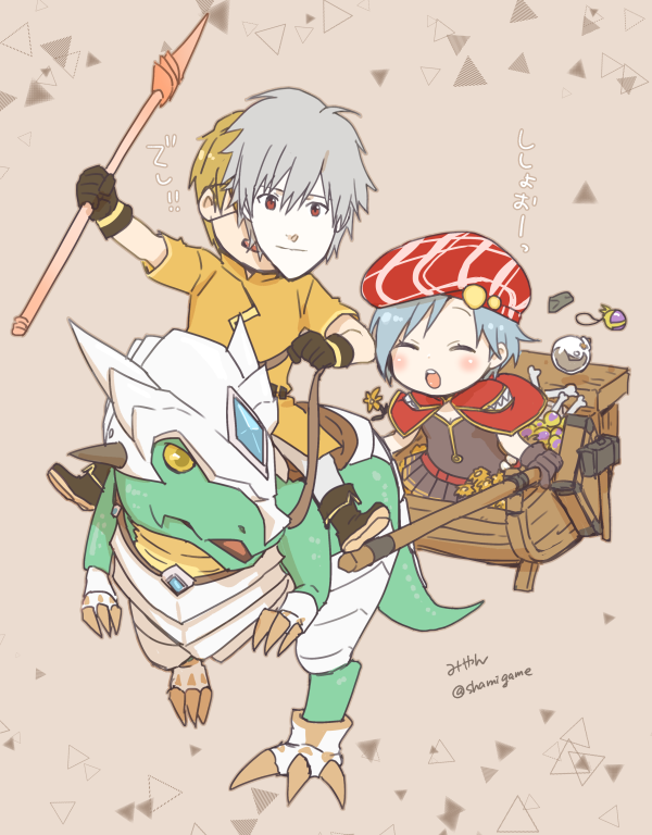 1boy, 1girl, bangs, beret, black_footwear, black_gloves, blonde_hair, blue_hair, blush, bone, boots, brown_dress, brown_gloves, brown_shirt, cape, closed_eyes, commentary_request, creator_(ragnarok_online), dragon, dragon_riding, dress, ferus_(ragnarok_online), flask, full_body, gloves, grey_hair, hat, holding, holding_polearm, holding_weapon, jewelry, mask, miyan_(shamigame), necklace, no_armor, open_mouth, pants, polearm, pullcart, ragnarok_masters, ragnarok_online, red_cape, red_headwear, reins, round-bottom_flask, rune_knight_(ragnarok_online), saddle, shirt, short_hair, short_sleeves, signature, smile, spear, twitter_username, weapon, white_pants