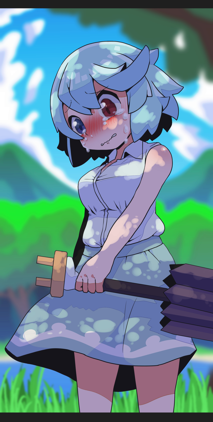 1girl, absurdres, bangs, blue_eyes, blue_hair, blue_skirt, blue_sky, blush