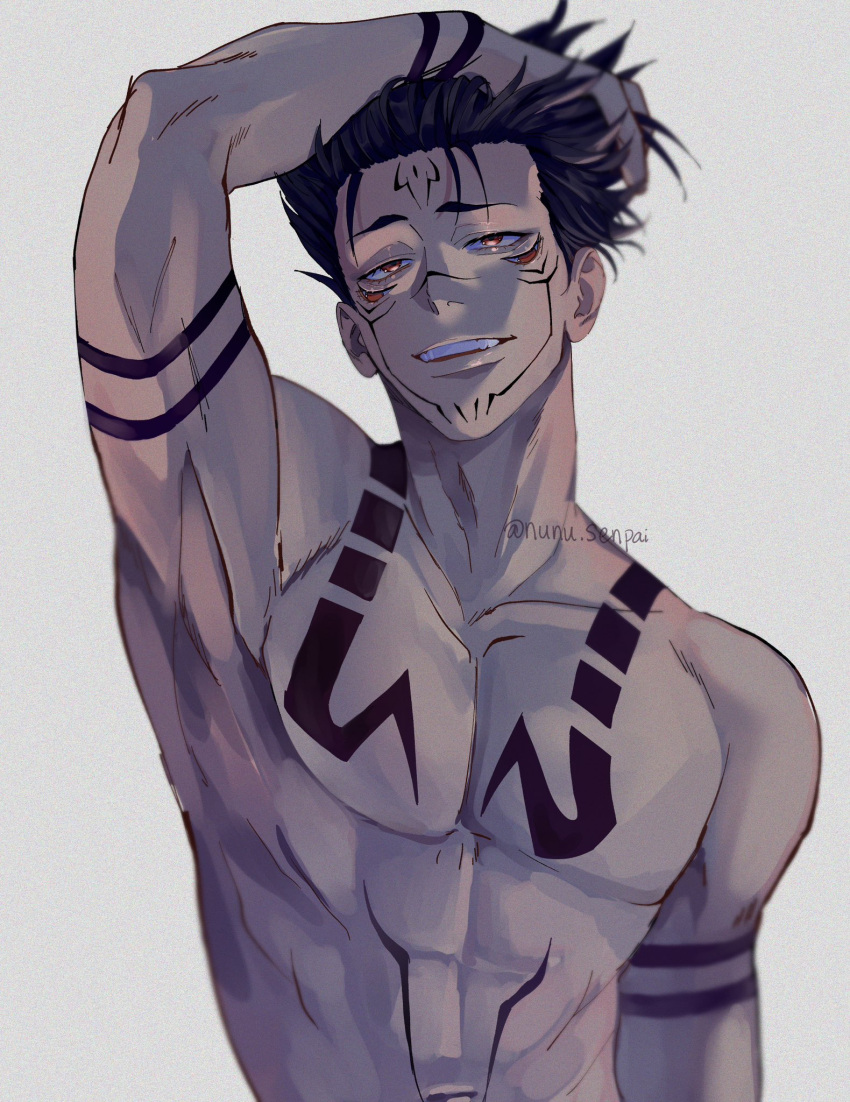 1boy, arm_tattoo, arm_up, black_hair, chest_tattoo, collarbone, extra_eyes, facial_tattoo