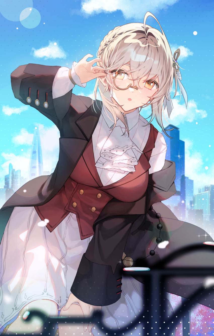 1girl, :o, absurdres, adjusting_hair, ahoge, blue_sky, breasts, buttons